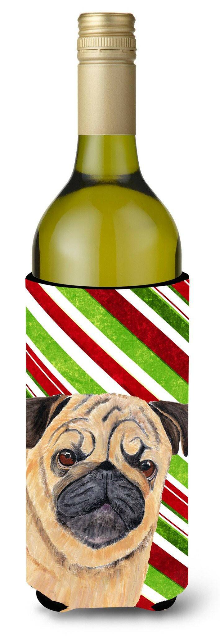 Pug Candy Cane Holiday Christmas Wine Bottle Beverage Insulator Beverage Insulator Hugger SC9331LITERK by Caroline&#39;s Treasures