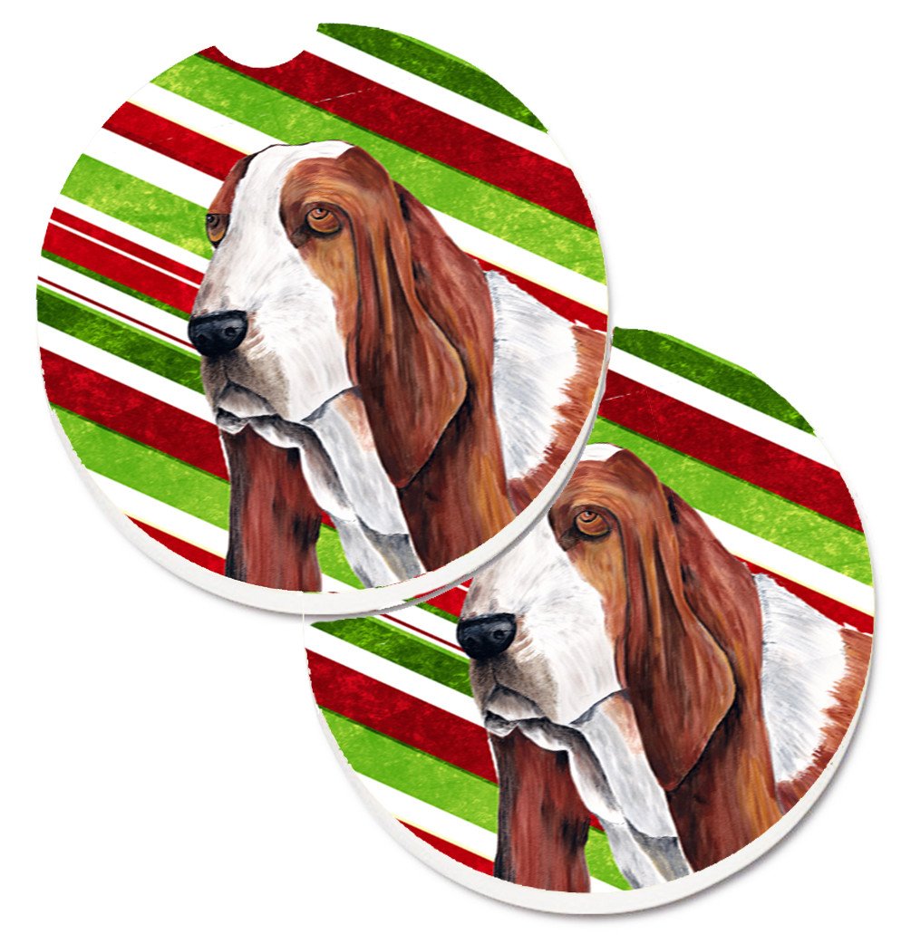 Basset Hound Candy Cane Holiday Christmas Set of 2 Cup Holder Car Coasters SC9332CARC by Caroline&#39;s Treasures