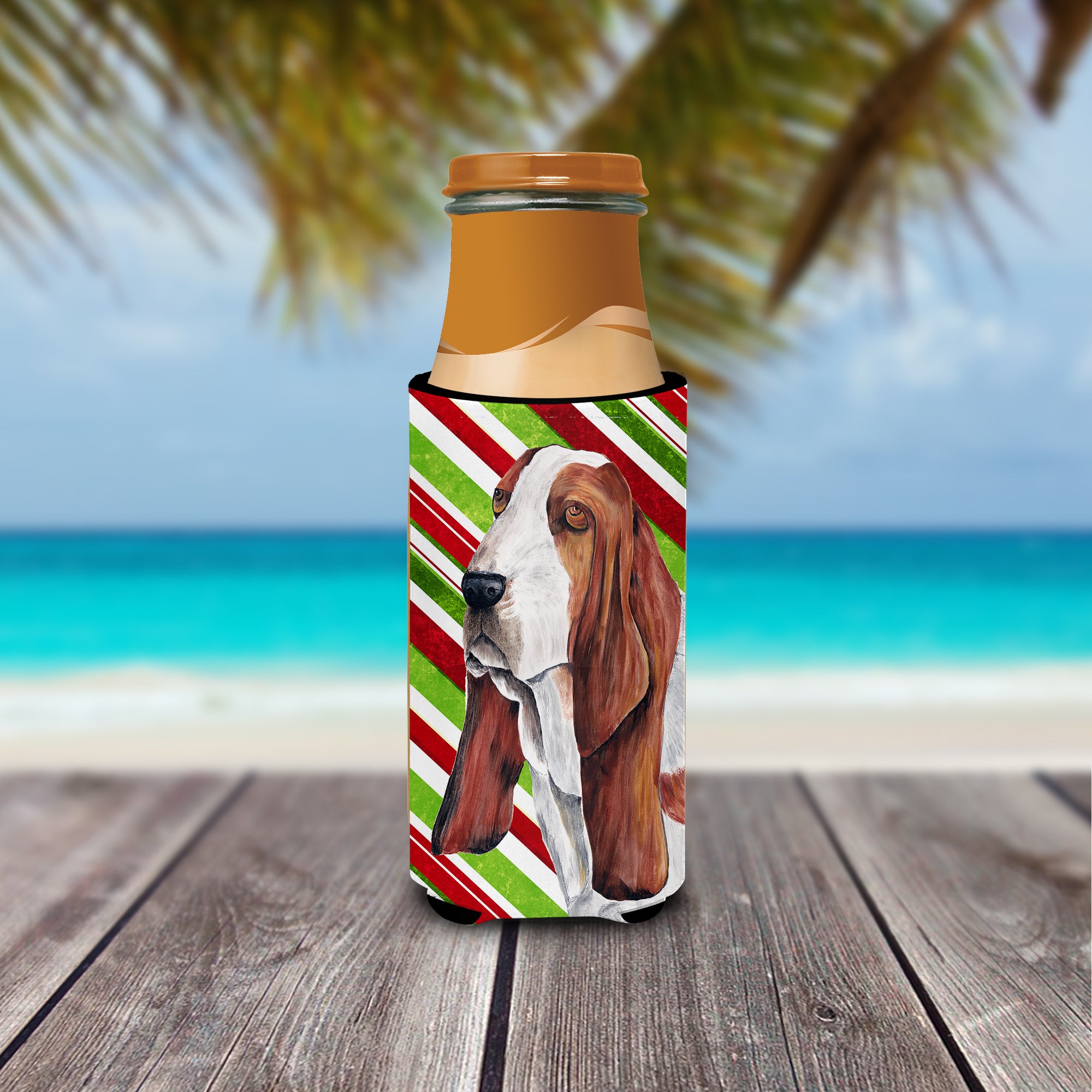 Basset Hound Candy Cane Holiday Christmas Ultra Beverage Insulators for slim cans SC9332MUK