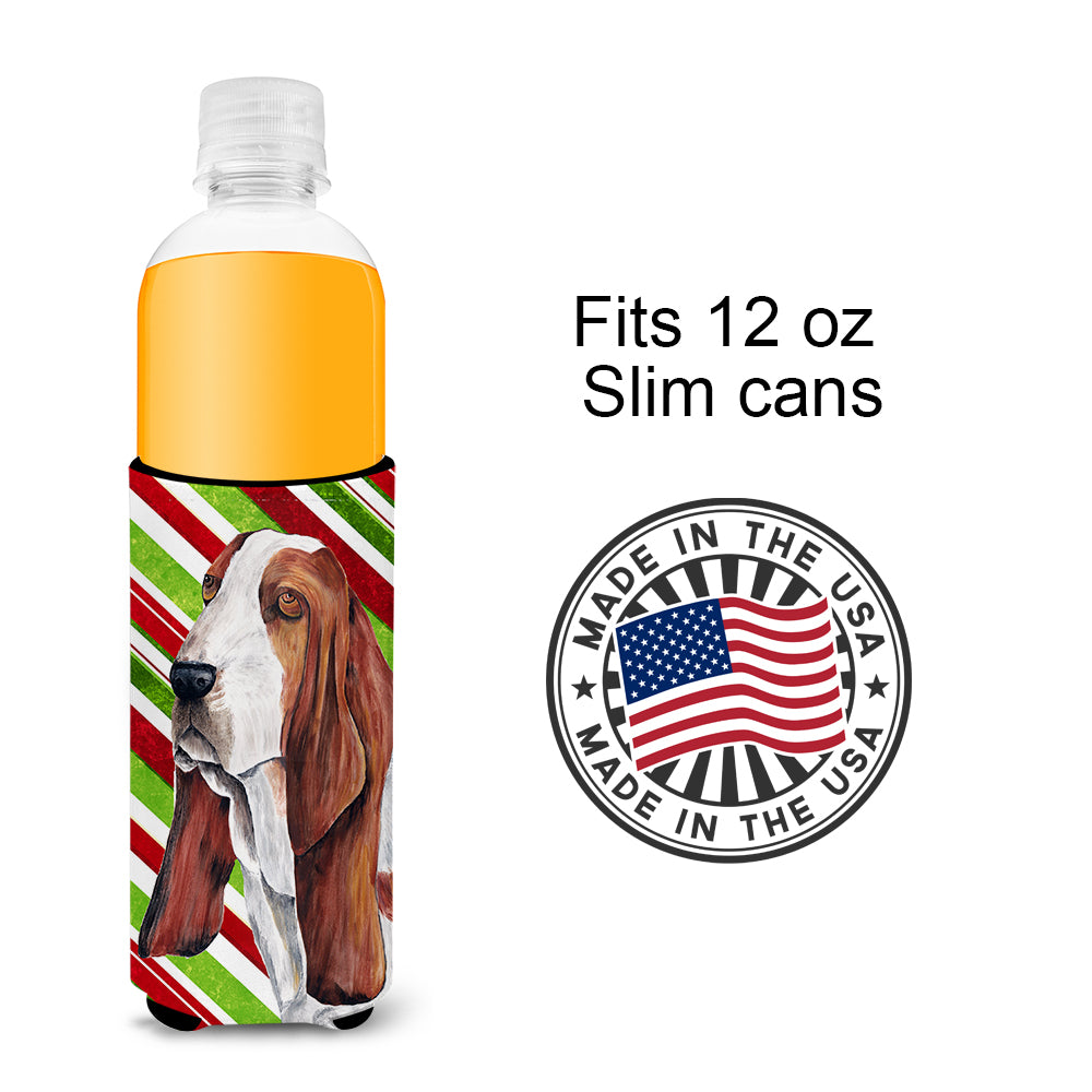 Basset Hound Candy Cane Holiday Christmas Ultra Beverage Insulators for slim cans SC9332MUK.