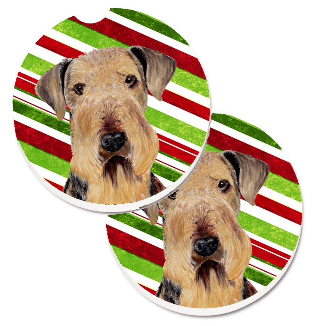 Airedale Candy Cane Holiday Christmas Set of 2 Cup Holder Car Coasters SC9333CARC by Caroline&#39;s Treasures