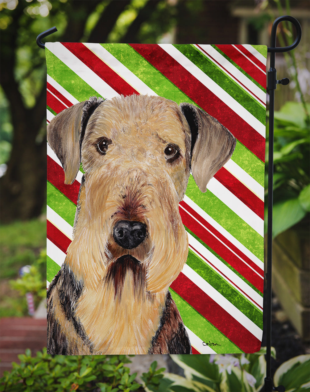 Airedale Candy Cane Holiday Christmas Flag Garden Size.