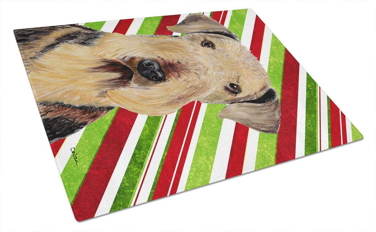 Airedale Candy Cane Holiday Christmas Glass Cutting Board Large by Caroline&#39;s Treasures