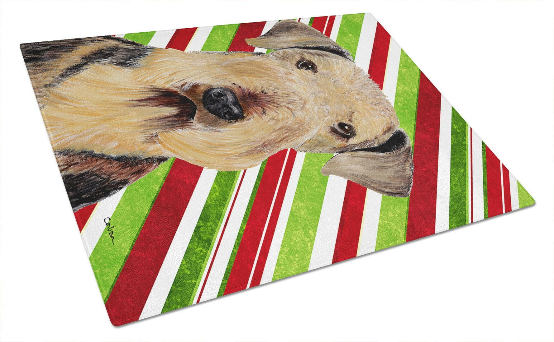 Airedale Candy Cane Holiday Christmas Glass Cutting Board Large by Caroline's Treasures