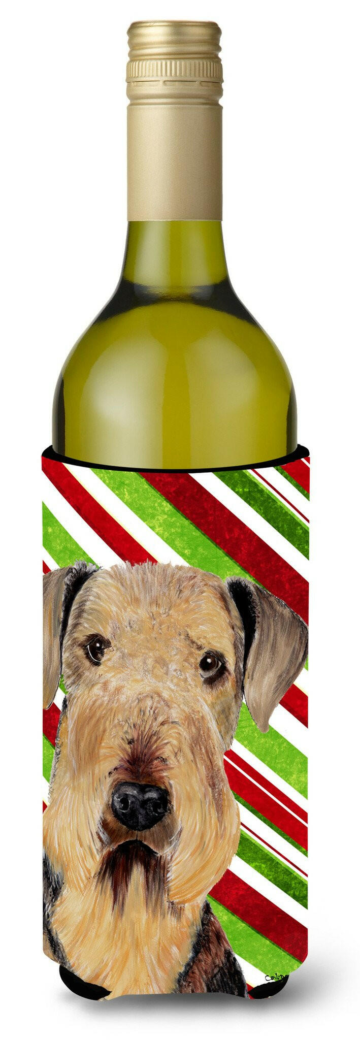 Airedale Candy Cane Holiday Christmas Wine Bottle Beverage Insulator Beverage Insulator Hugger SC9333LITERK by Caroline&#39;s Treasures