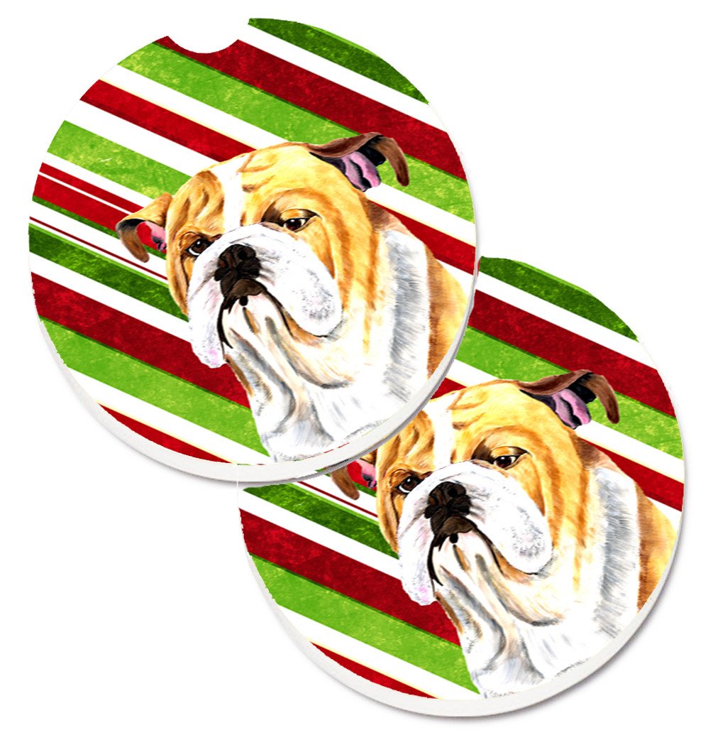 Bulldog English Candy Cane Holiday Christmas Set of 2 Cup Holder Car Coasters SC9334CARC by Caroline&#39;s Treasures