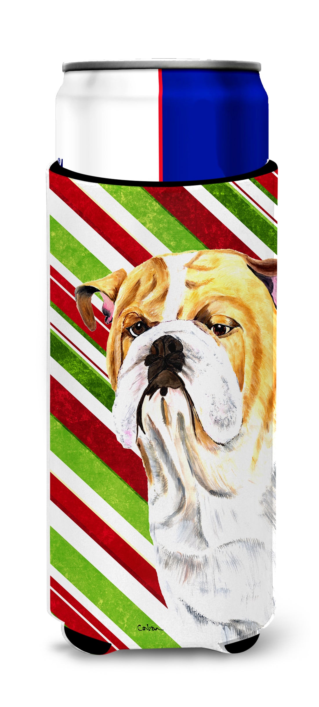 Bulldog English Candy Cane Holiday Christmas Ultra Beverage Insulators for slim cans SC9334MUK