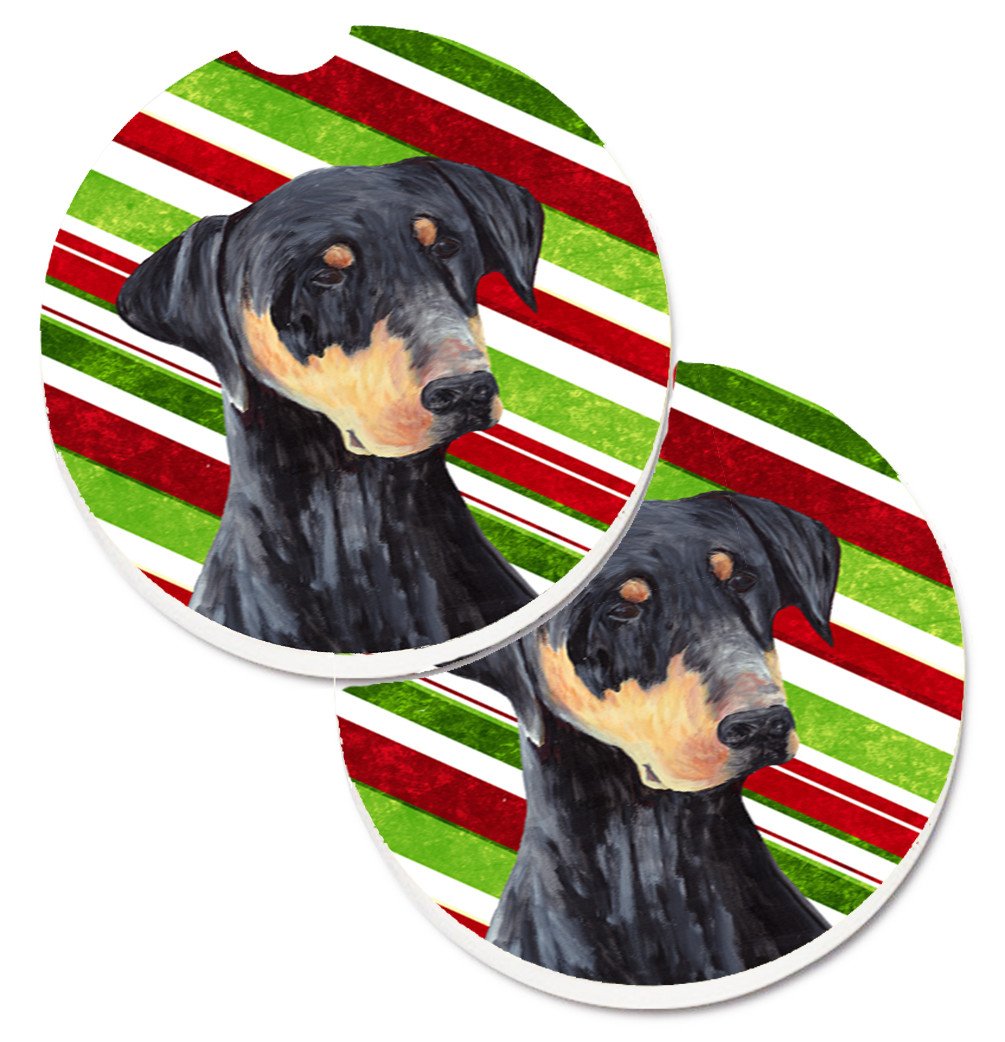 Doberman Candy Cane Holiday Christmas Set of 2 Cup Holder Car Coasters SC9337CARC by Caroline&#39;s Treasures