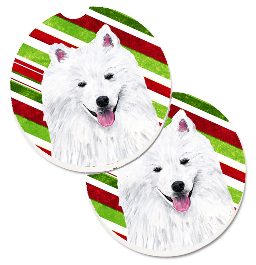 American Eskimo Candy Cane Holiday Christmas Set of 2 Cup Holder Car Coasters SC9339CARC by Caroline&#39;s Treasures