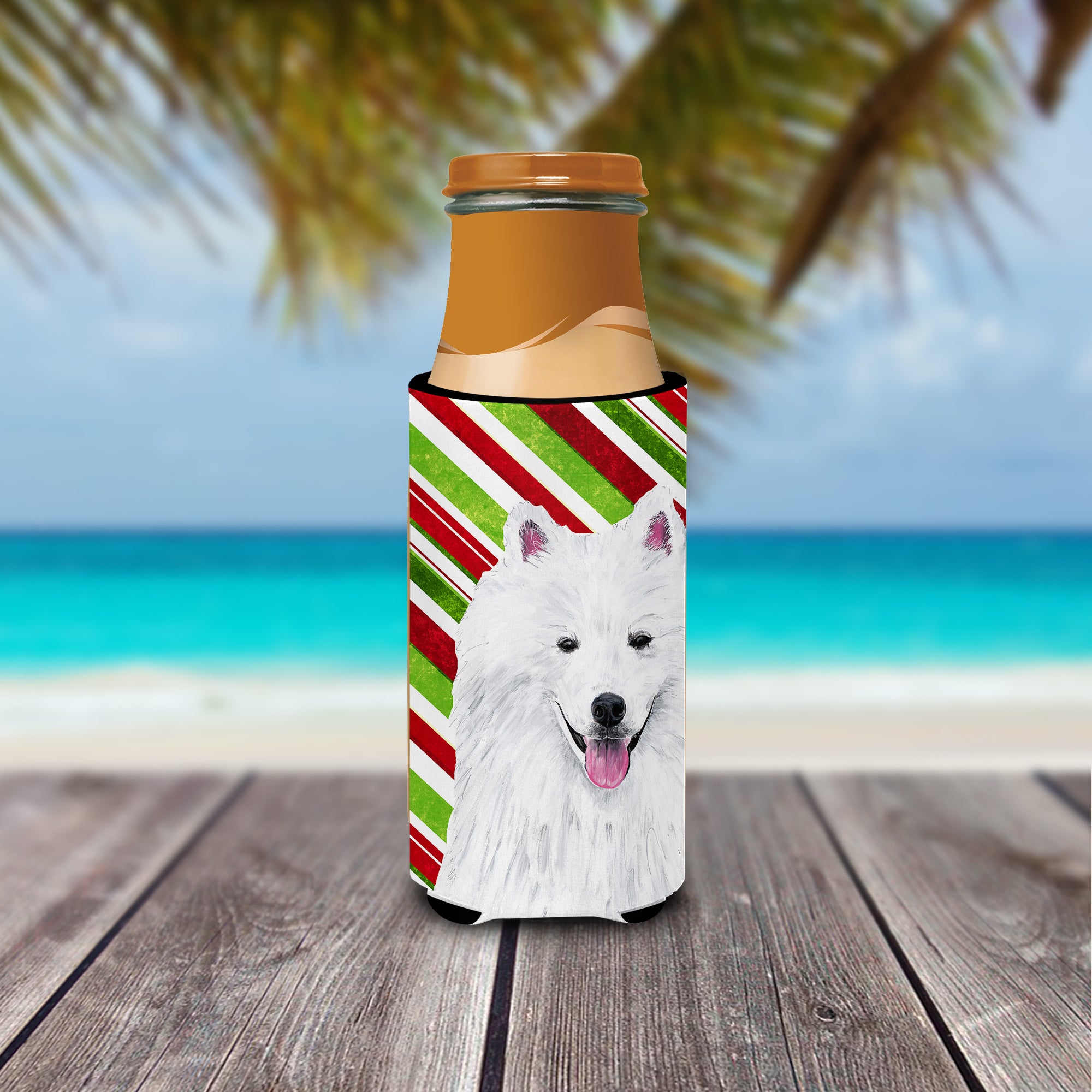 American Eskimo Candy Cane Holiday Christmas Ultra Beverage Insulators for slim cans SC9339MUK.
