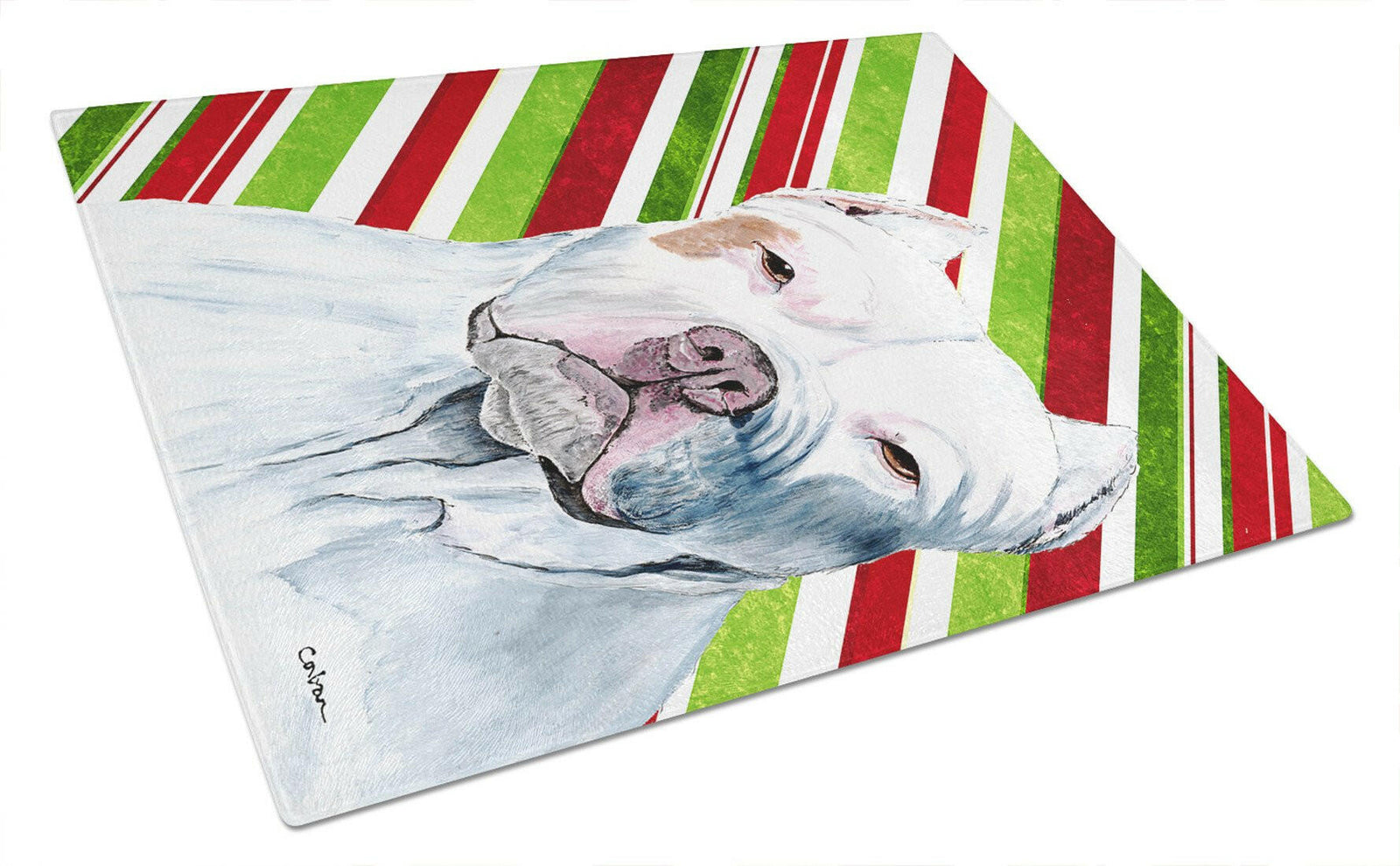 Caroline's Treasures Pit Bull Candy Cane Holiday Christmas Glass Cutting Boards – Durable, Decorative Kitchen Art Large