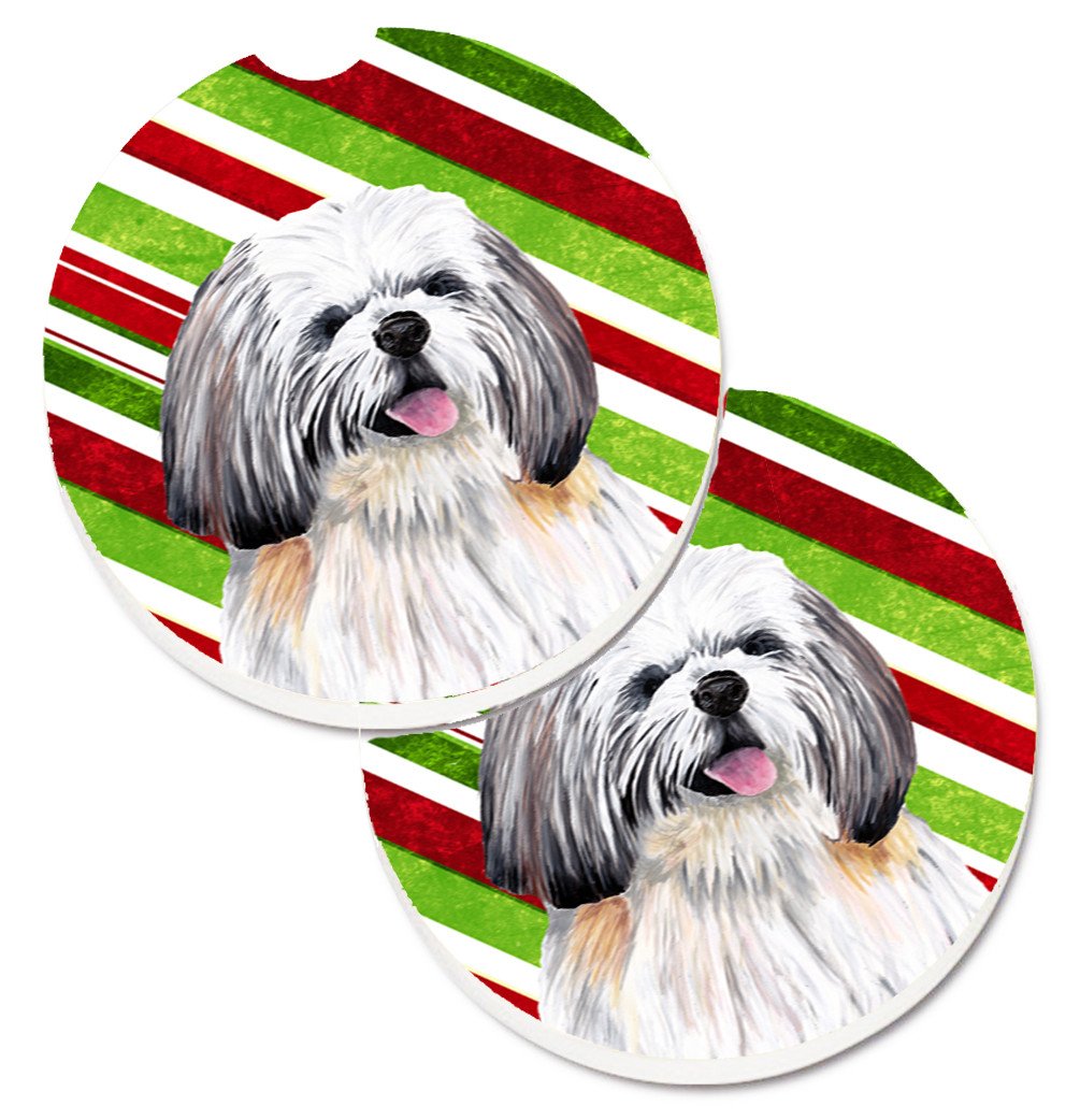Shih Tzu Candy Cane Holiday Christmas Set of 2 Cup Holder Car Coasters SC9343CARC by Caroline&#39;s Treasures