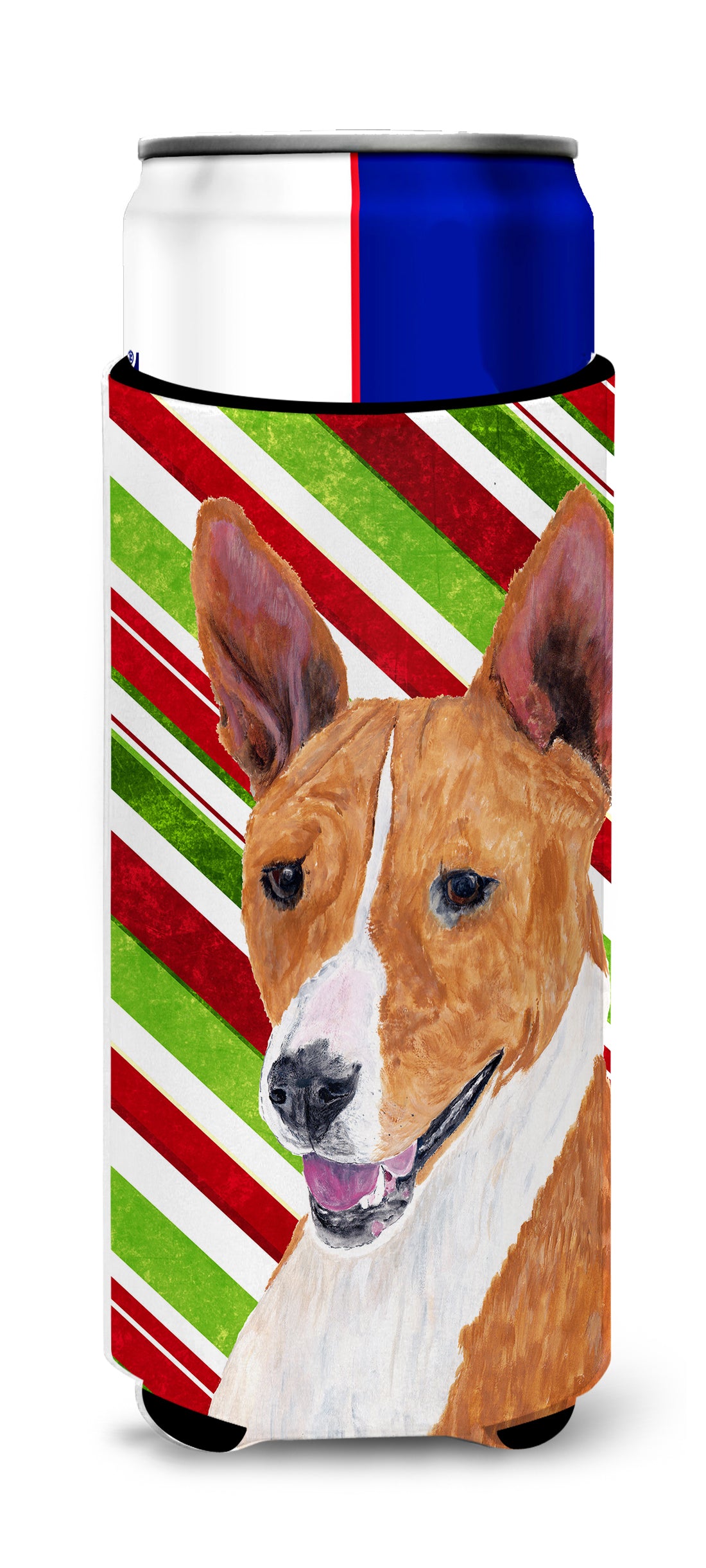 Basenji Candy Cane Holiday Christmas Ultra Beverage Insulators for slim cans SC9347MUK.