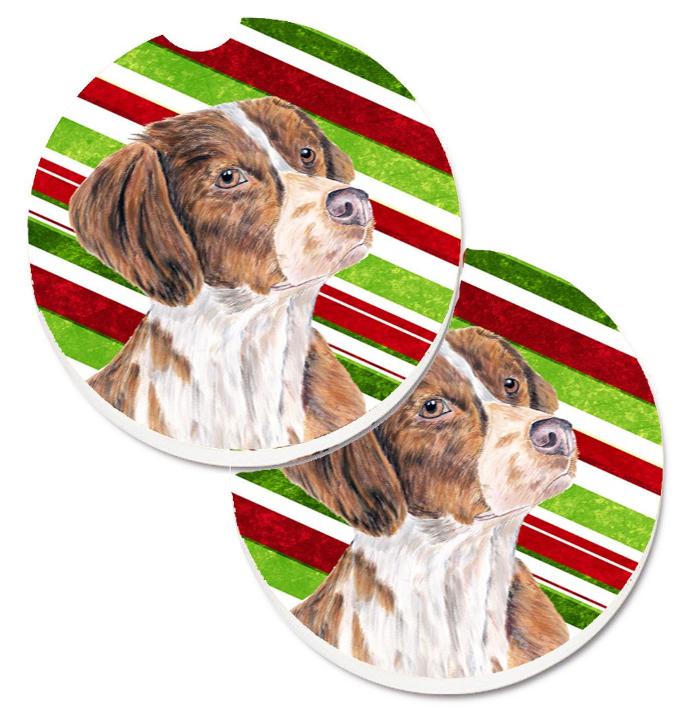Brittany Candy Cane Holiday Christmas Set of 2 Cup Holder Car Coasters SC9349CARC by Caroline&#39;s Treasures