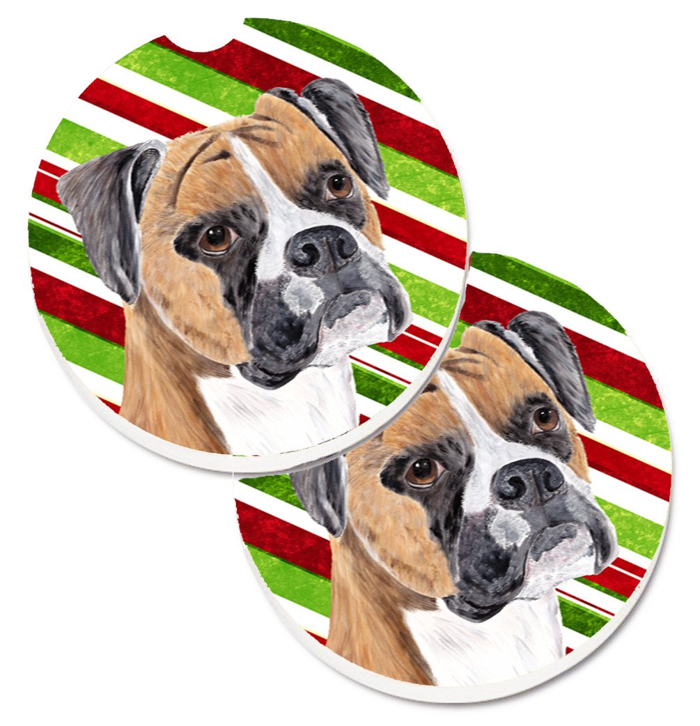 Boxer Candy Cane Holiday Christmas Set of 2 Cup Holder Car Coasters SC9350CARC by Caroline&#39;s Treasures