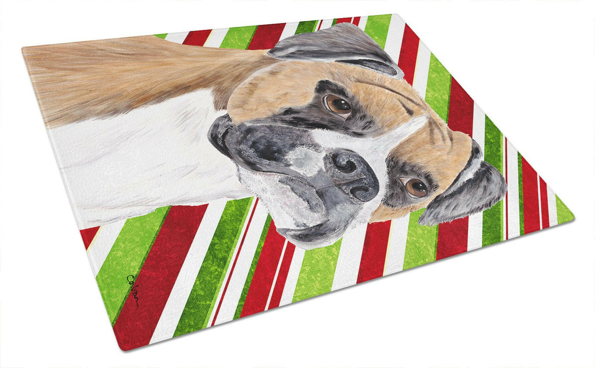 Boxer Candy Cane Holiday Christmas Glass Cutting Board Large by Caroline&#39;s Treasures