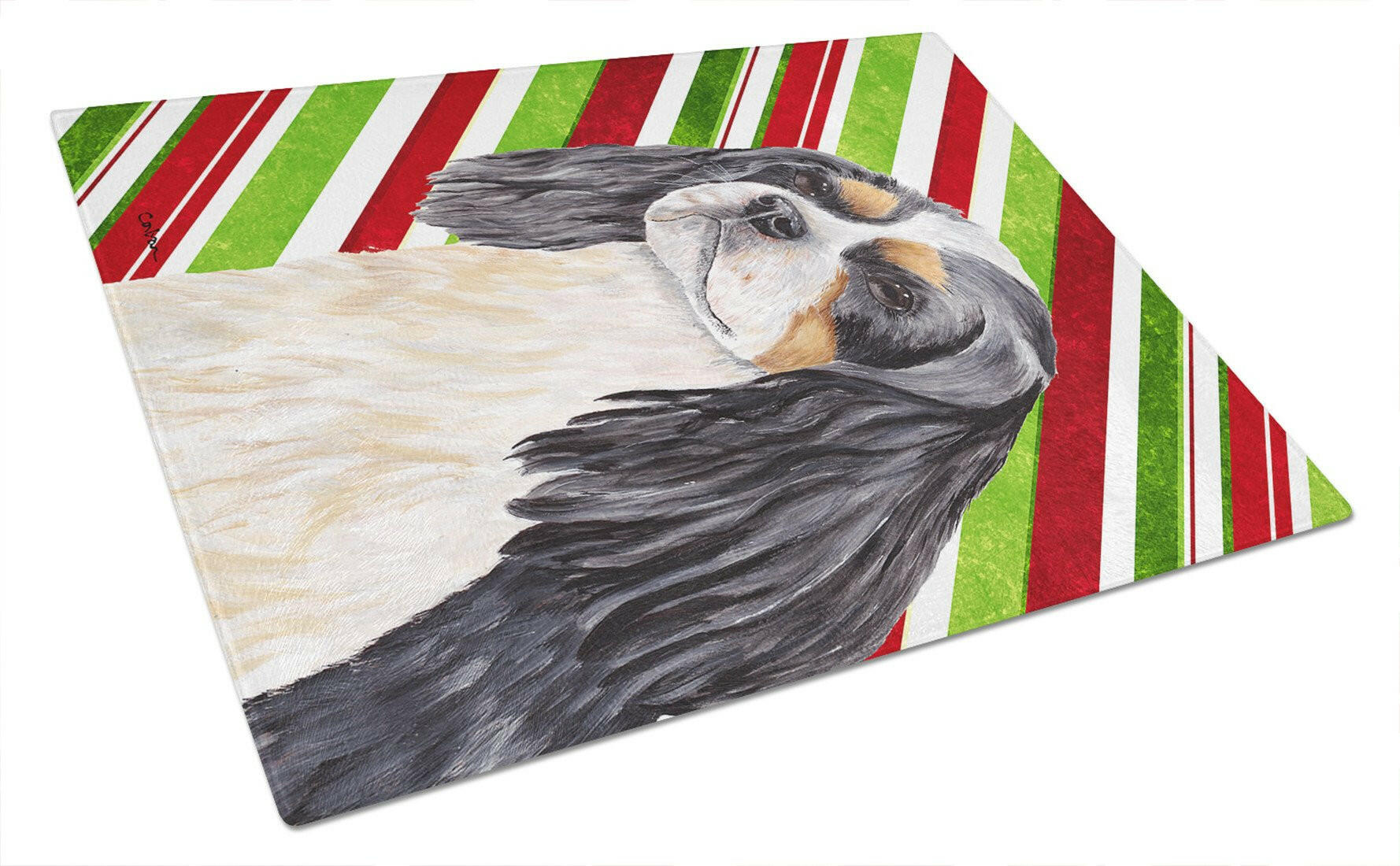 Cavalier Spaniel Candy Cane Holiday Christmas Glass Cutting Board Large by Caroline's Treasures