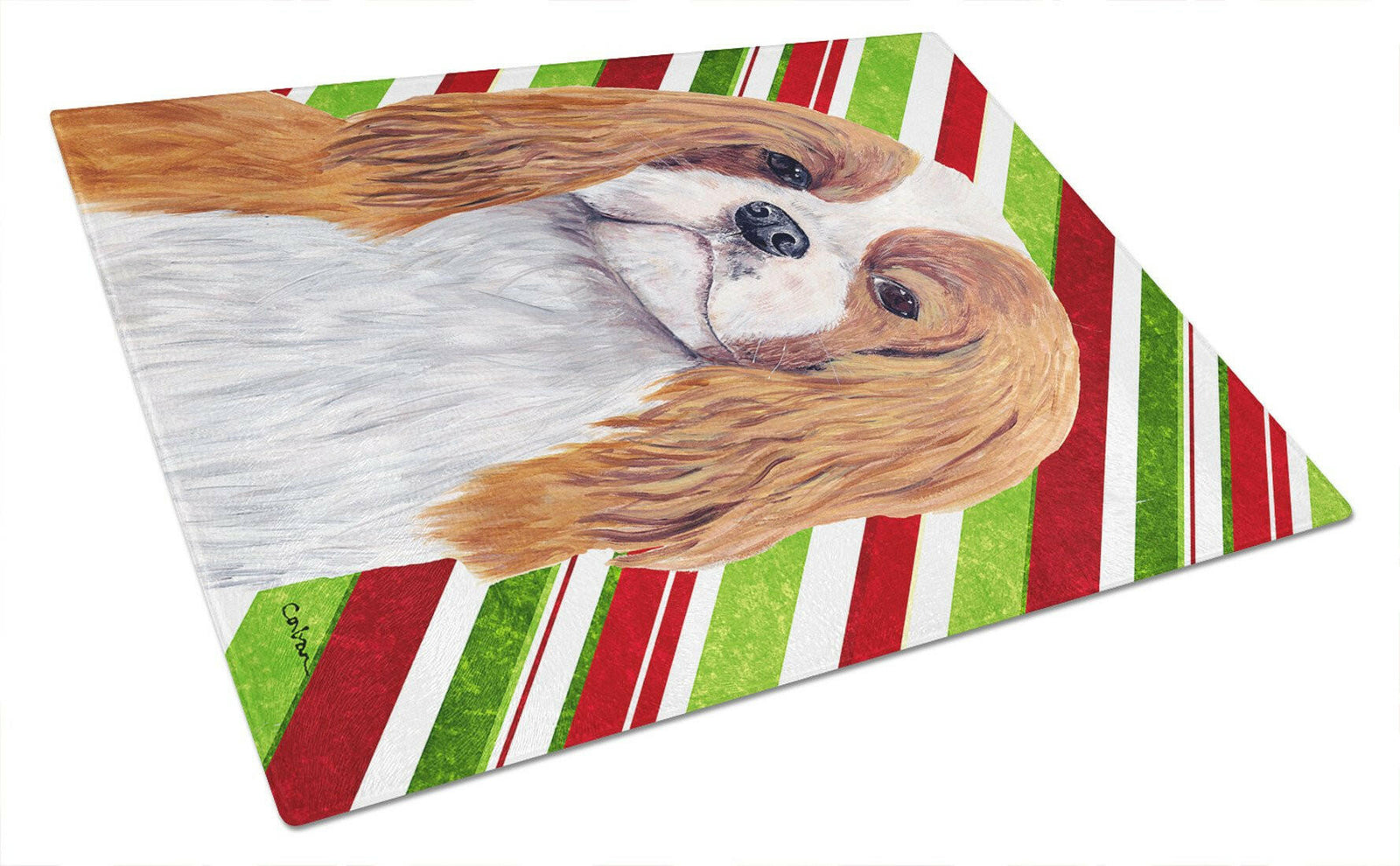 Cavalier Spaniel Candy Cane Holiday Christmas Glass Cutting Board Large by Caroline's Treasures