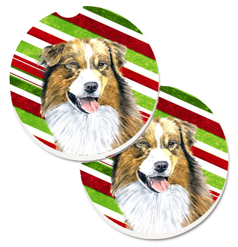 Australian Shepherd Candy Cane Holiday Christmas Set of 2 Cup Holder Car Coasters SC9357CARC by Caroline&#39;s Treasures