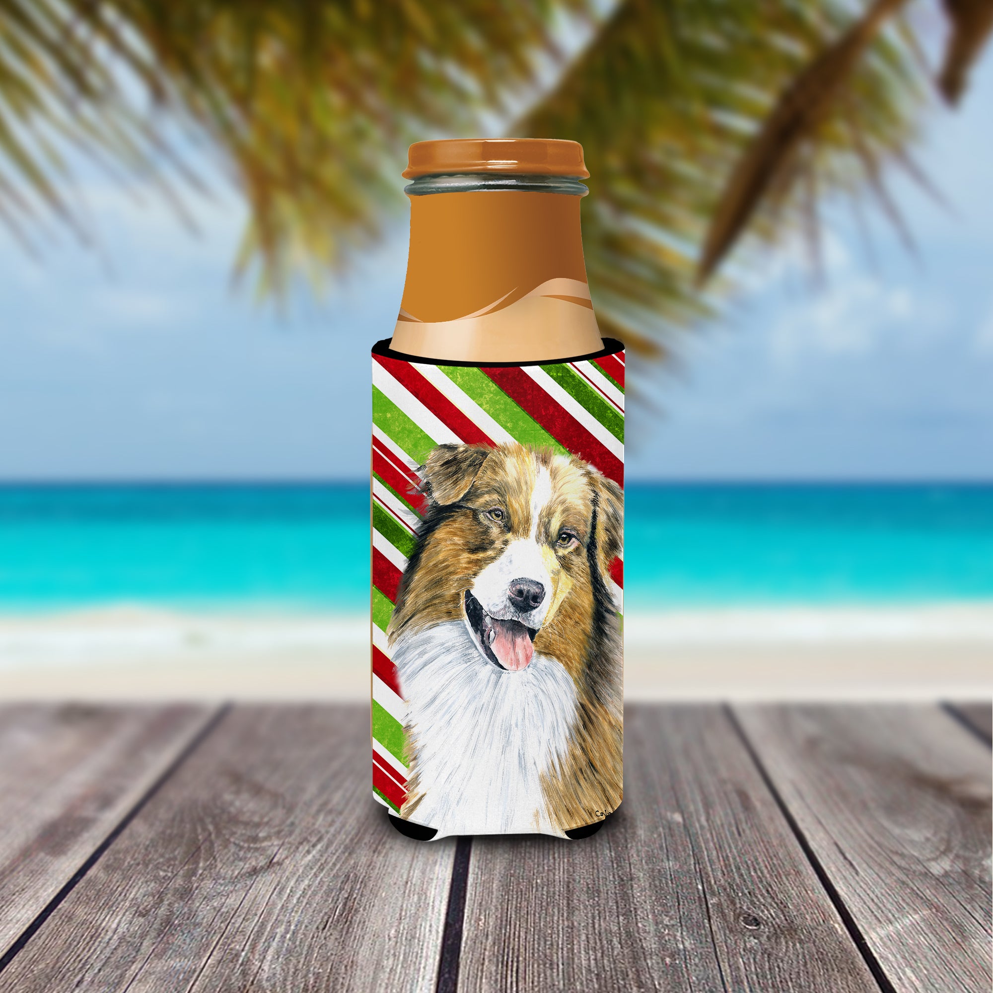 Australian Shepherd Candy Cane Holiday Christmas Ultra Beverage Insulators for slim cans SC9357MUK.