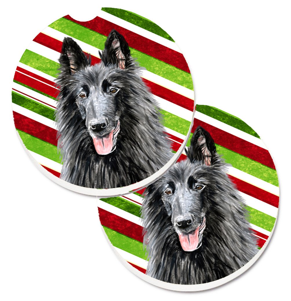 Belgian Sheepdog Candy Cane Holiday Christmas Set of 2 Cup Holder Car Coasters SC9358CARC by Caroline&#39;s Treasures