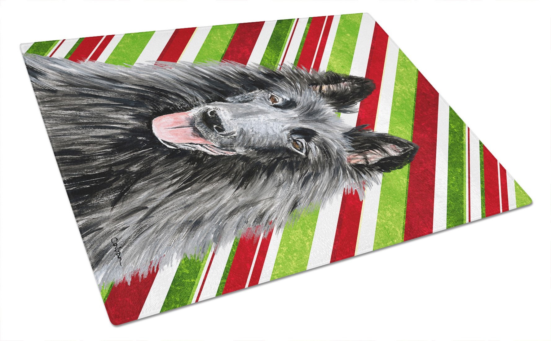 Belgian Sheepdog Candy Cane Holiday Christmas Glass Cutting Board Large by Caroline's Treasures