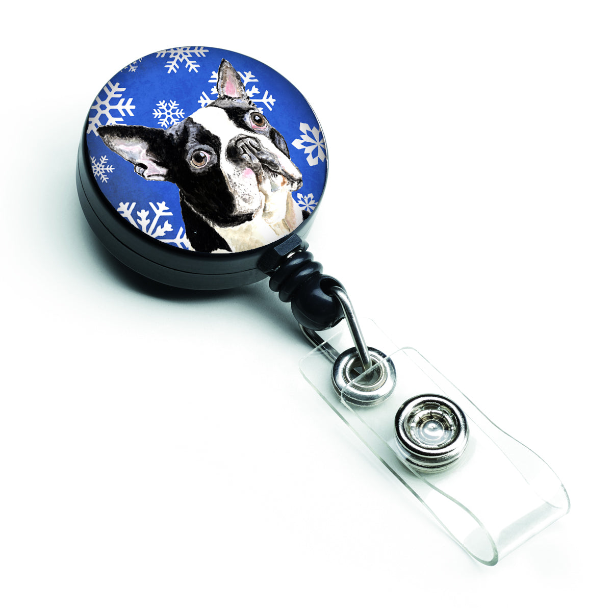 Boston Terrier Winter Snowflakes Holiday Retractable Badge Reel SC9360BR  the-store.com.