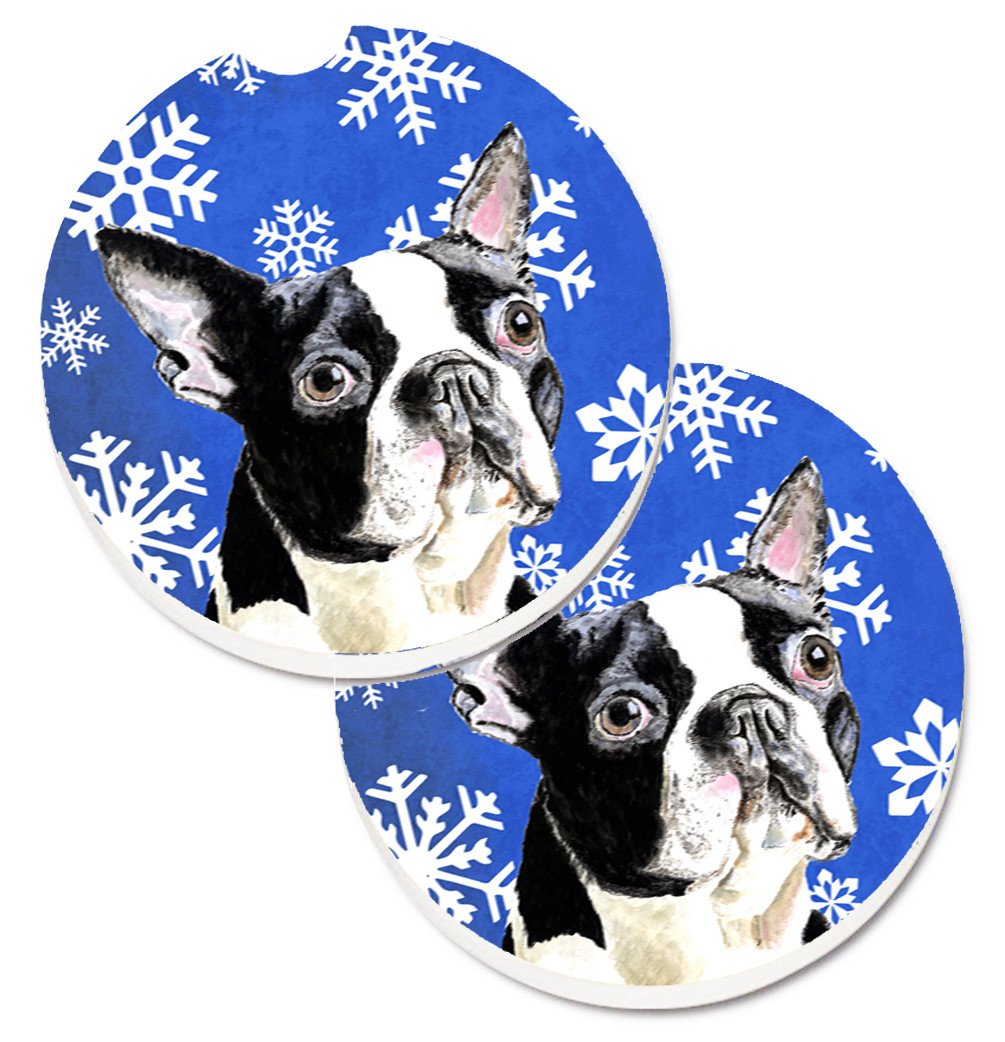 Boston Terrier Winter Snowflakes Holiday Set of 2 Cup Holder Car Coasters SC9360CARC by Caroline&#39;s Treasures