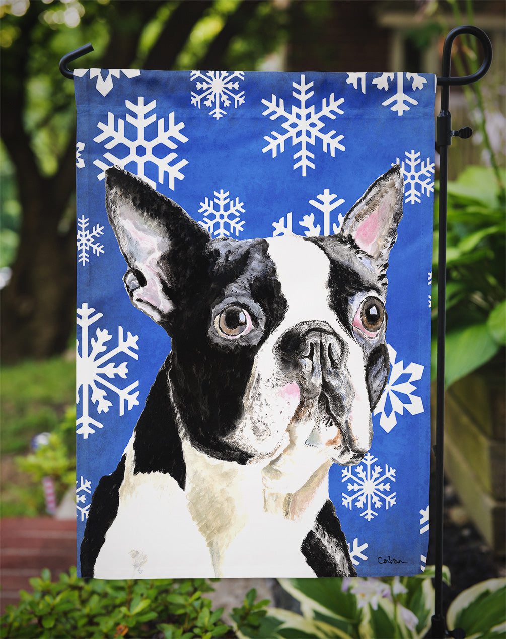 Boston Terrier Winter Snowflakes Holiday Flag Garden Size