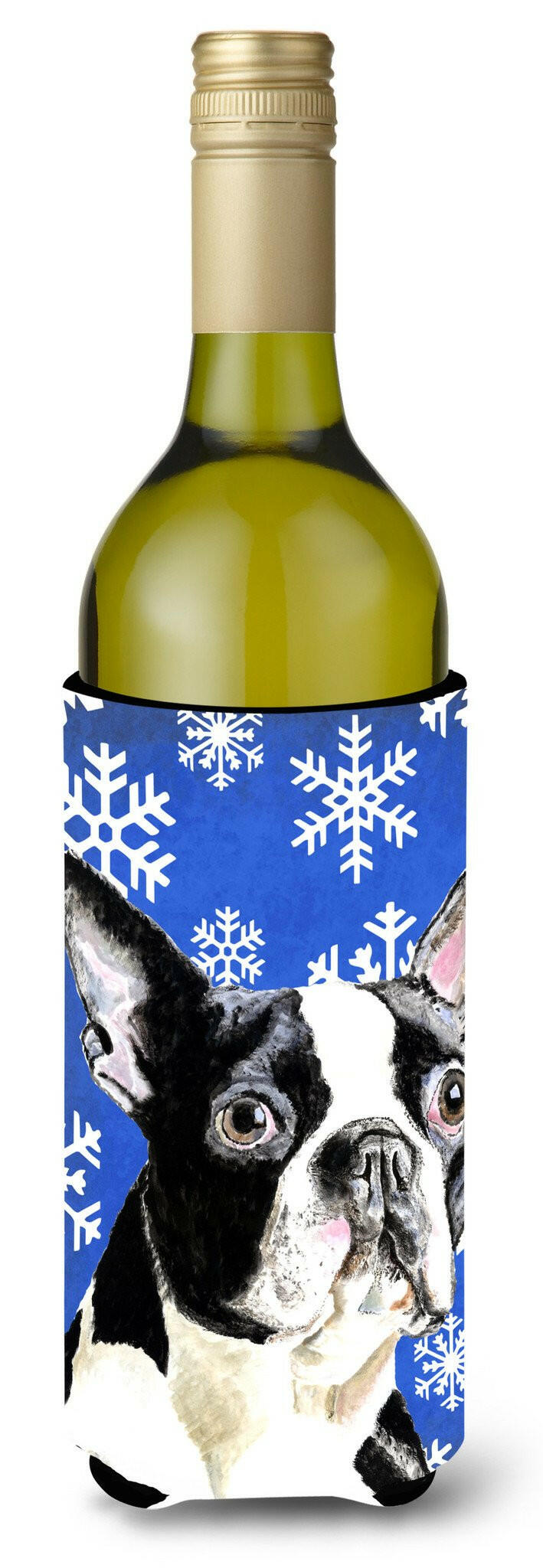 Boston Terrier Winter Snowflakes Holiday Wine Bottle Beverage Insulator Beverage Insulator Hugger by Caroline&#39;s Treasures