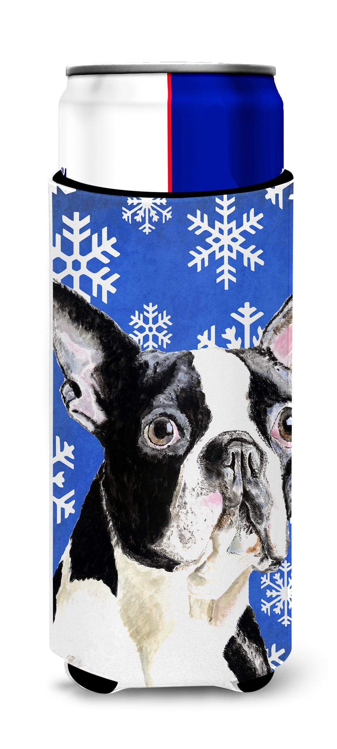 Boston Terrier Winter Snowflakes Holiday Ultra Beverage Insulators for slim cans SC9360MUK.