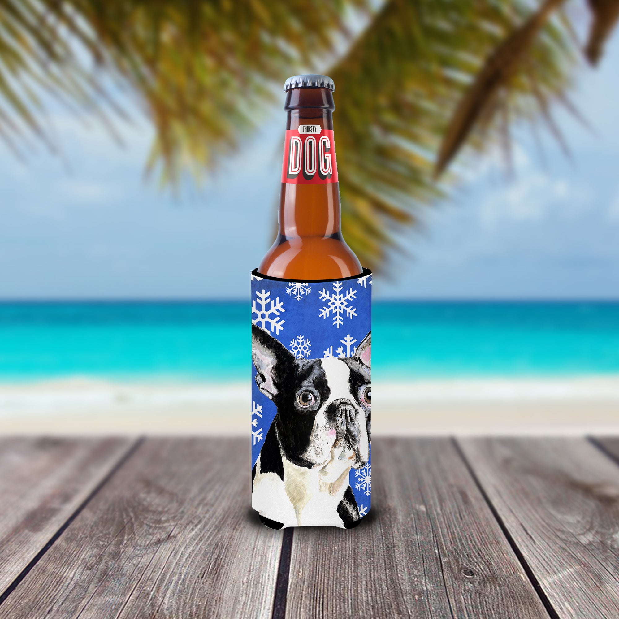 Boston Terrier Winter Snowflakes Holiday Ultra Beverage Insulators for slim cans SC9360MUK