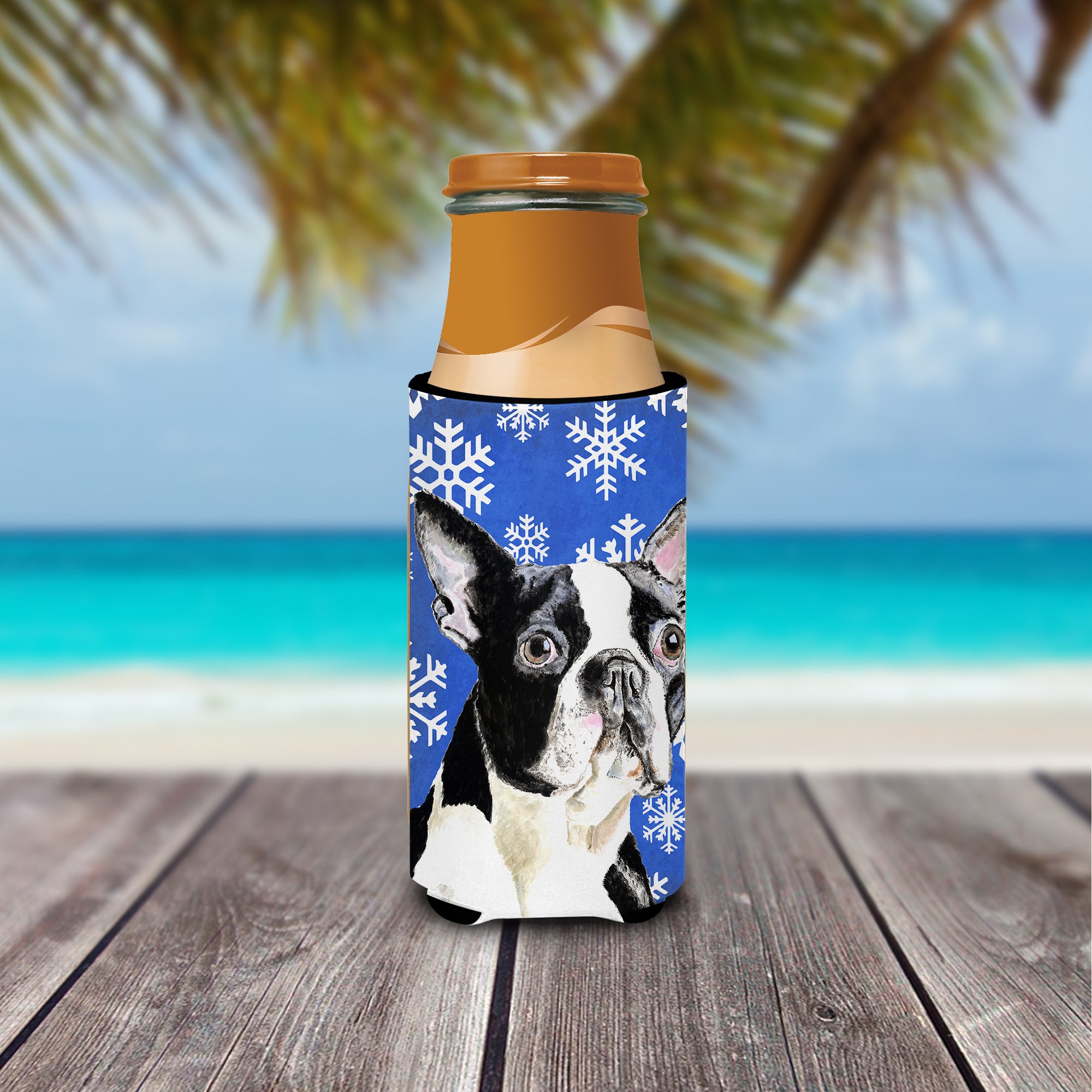 Boston Terrier Winter Snowflakes Holiday Ultra Beverage Insulators for slim cans SC9360MUK.