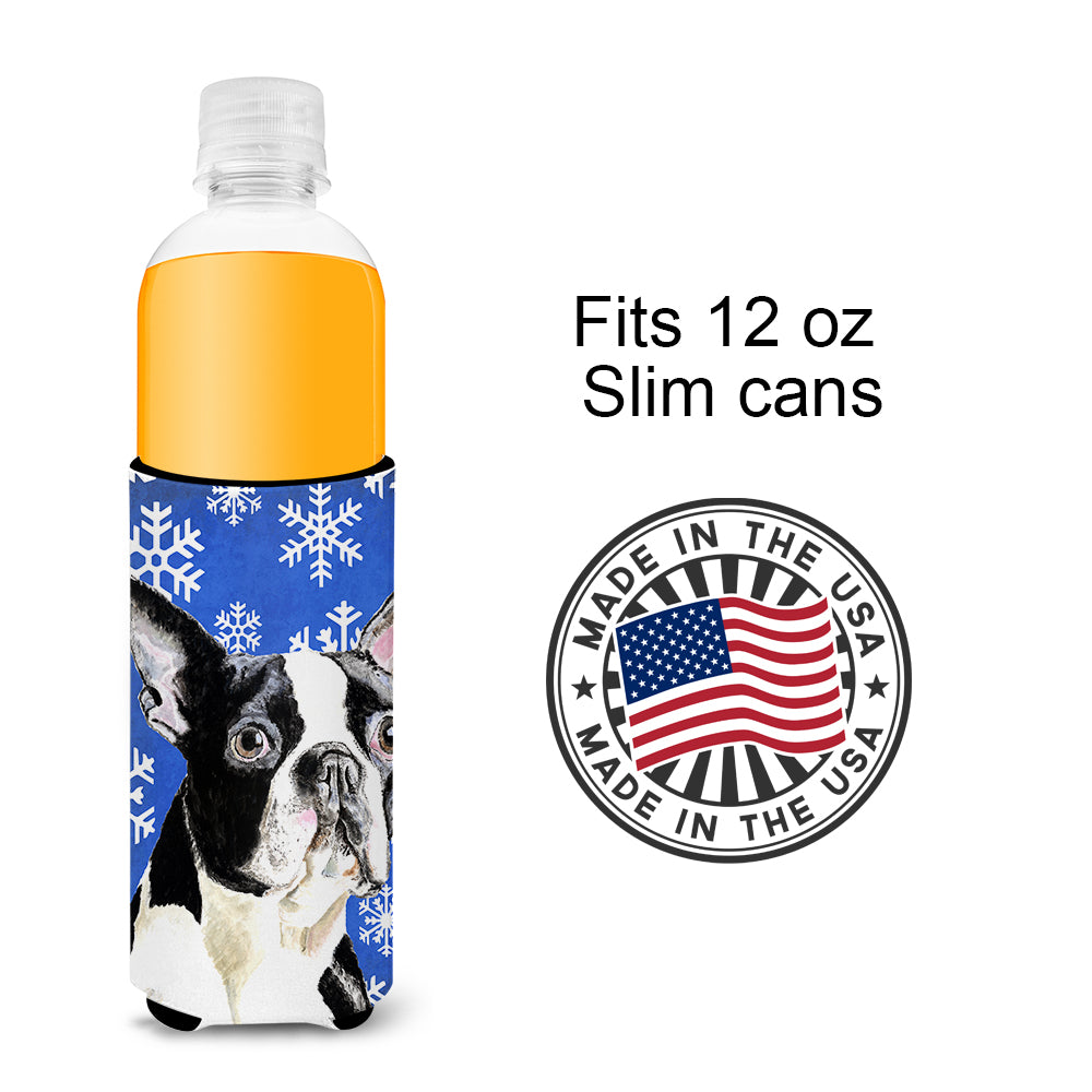Boston Terrier Winter Snowflakes Holiday Ultra Beverage Insulators for slim cans SC9360MUK