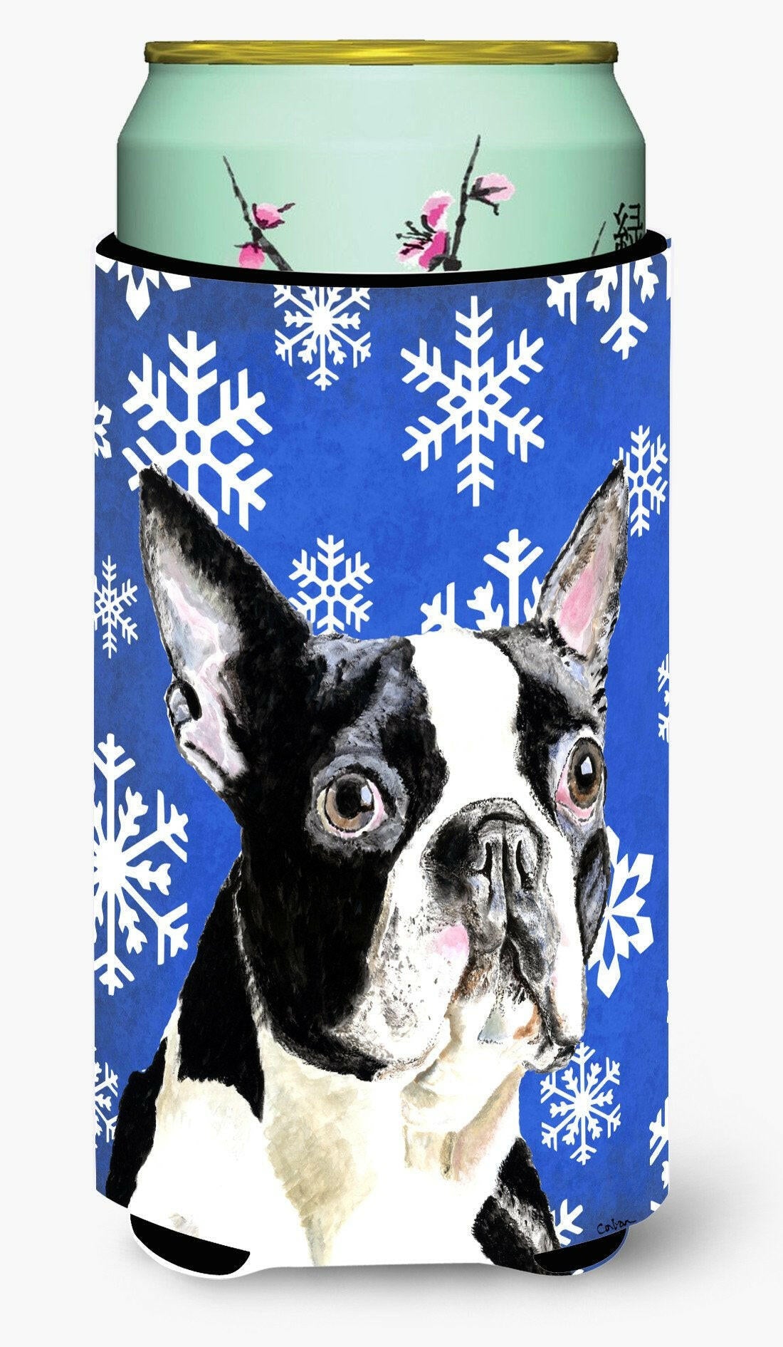 Boston Terrier Winter Snowflakes Holiday  Tall Boy Beverage Insulator Beverage Insulator Hugger by Caroline&#39;s Treasures
