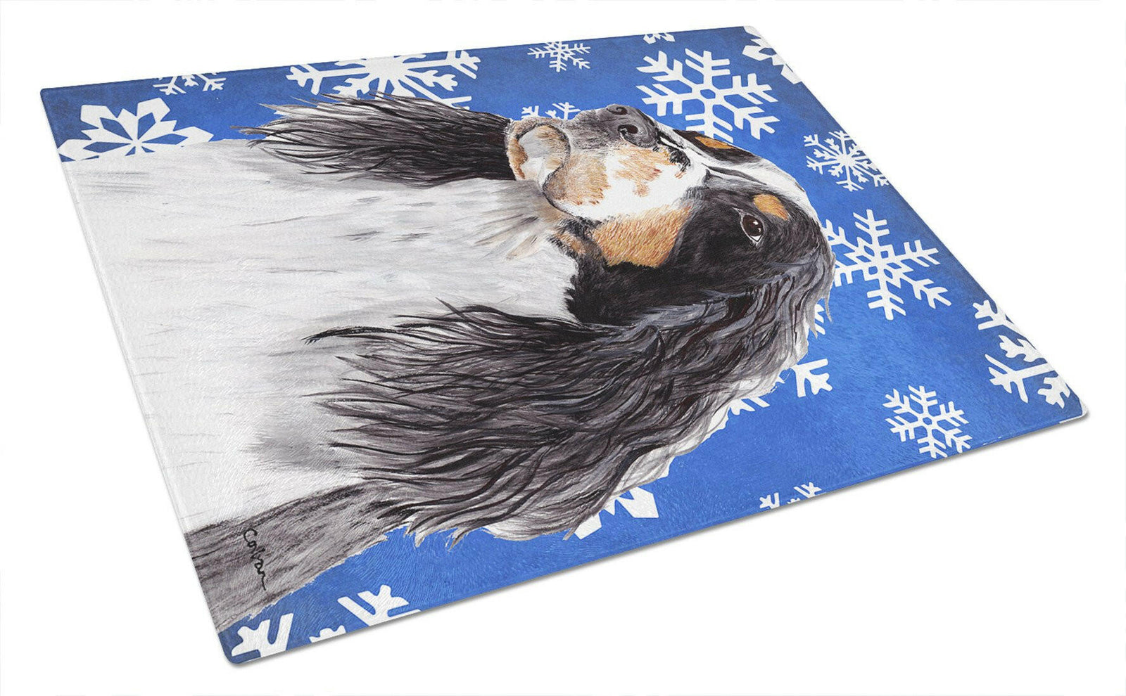 Springer Spaniel Winter Snowflakes Holiday Glass Cutting Board Large by Caroline's Treasures