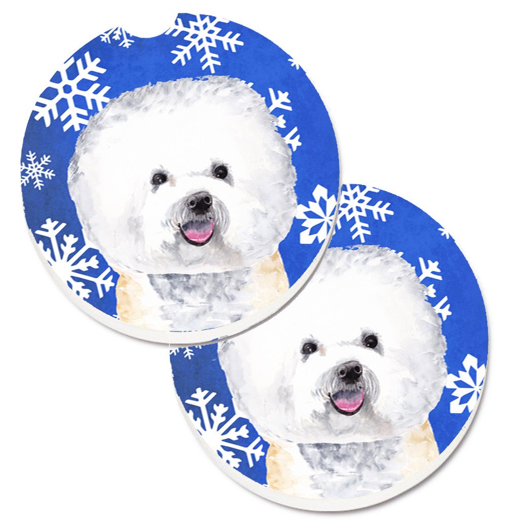 Bichon Frise Winter Snowflakes Holiday Set of 2 Cup Holder Car Coasters SC9362CARC by Caroline&#39;s Treasures