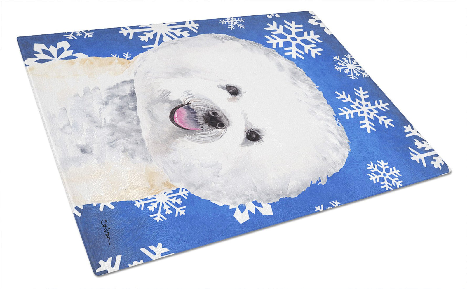 Bichon Frise Winter Snowflakes Holiday Glass Cutting Board Large by Caroline's Treasures