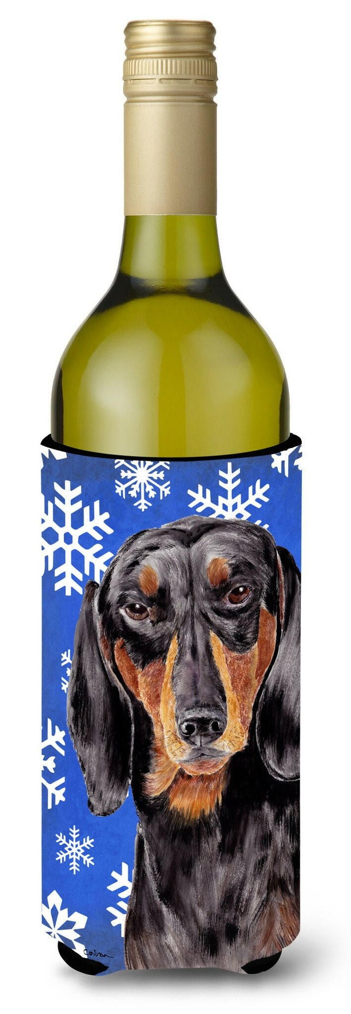 Dachshund Winter Snowflakes Holiday Wine Bottle Beverage Insulator Beverage Insulator Hugger SC9363LITERK by Caroline&#39;s Treasures