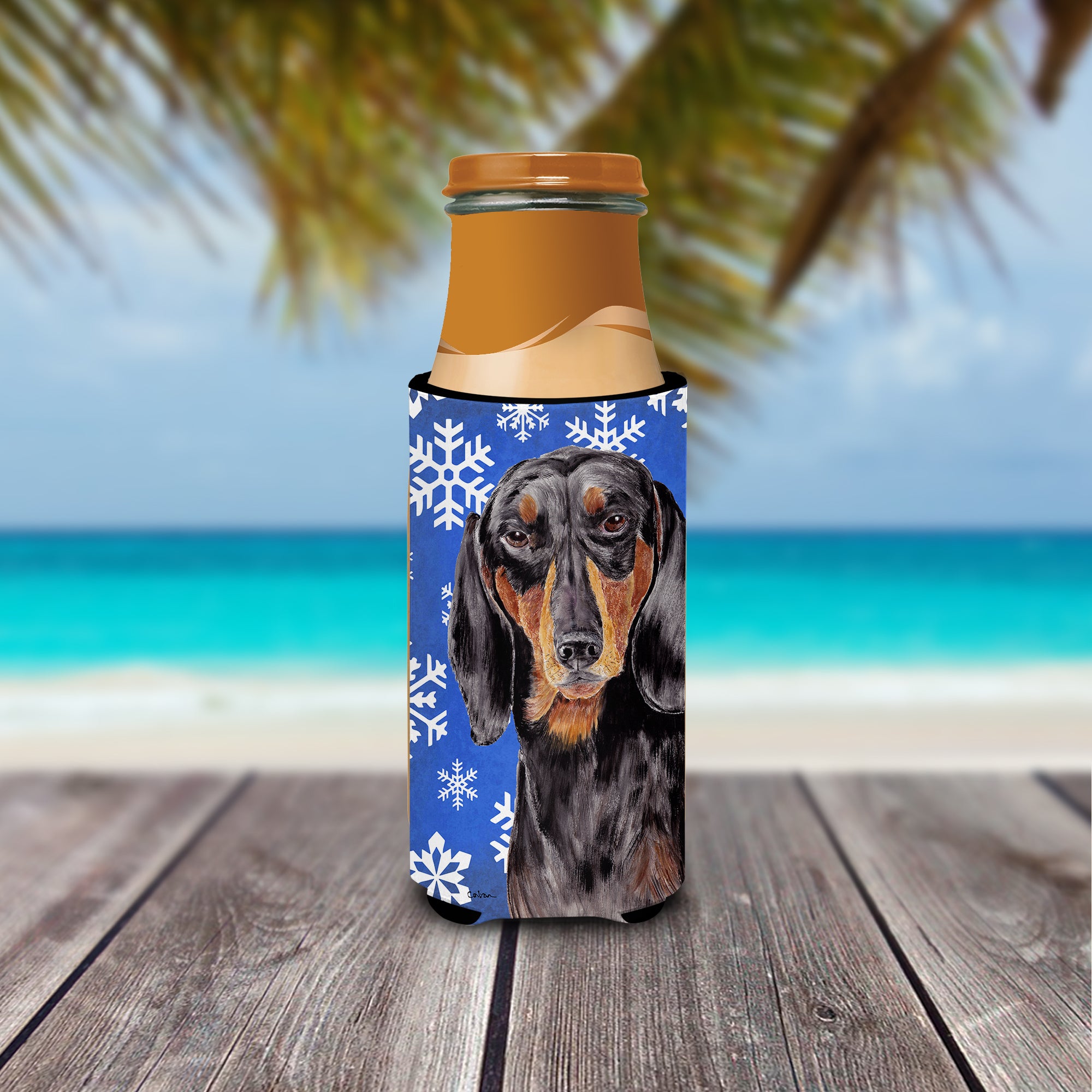 Dachshund Winter Snowflakes Holiday Ultra Beverage Insulators for slim cans SC9363MUK.
