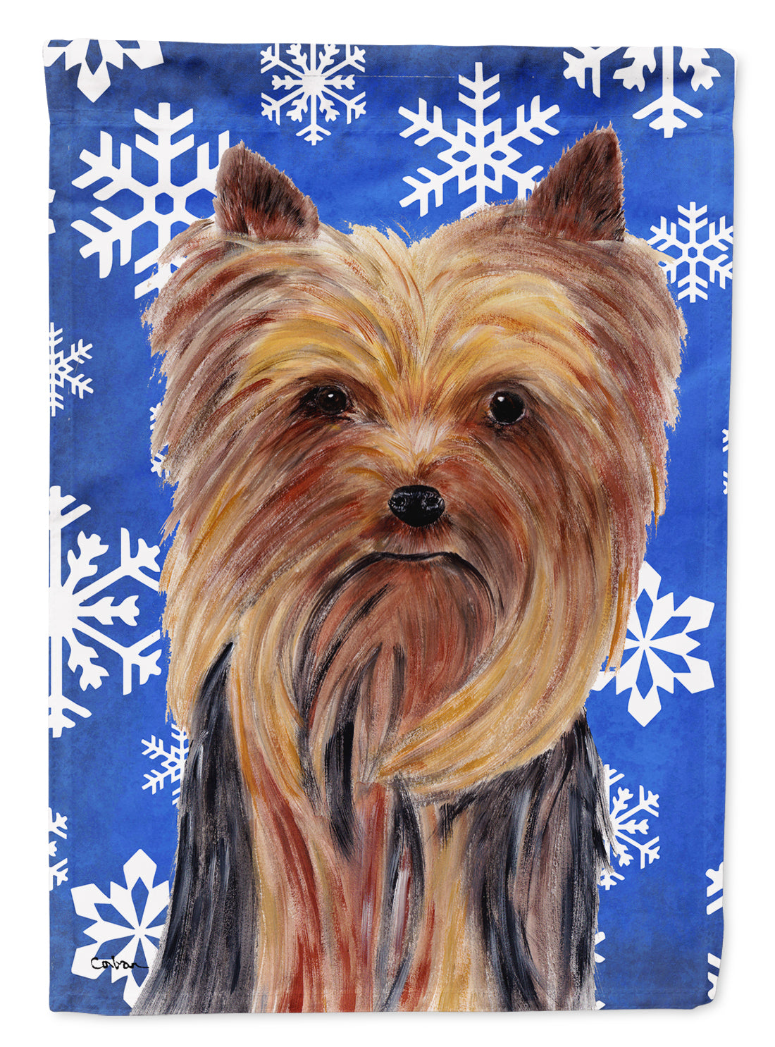Yorkie Winter Snowflakes Holiday Flag Canvas House Size  the-store.com.