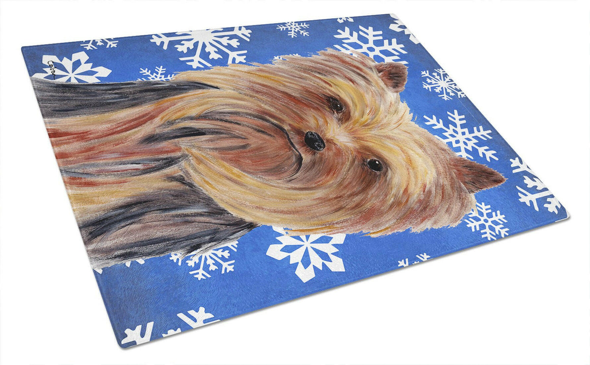 Yorkie Winter Snowflakes Holiday Glass Cutting Board Large by Caroline&#39;s Treasures