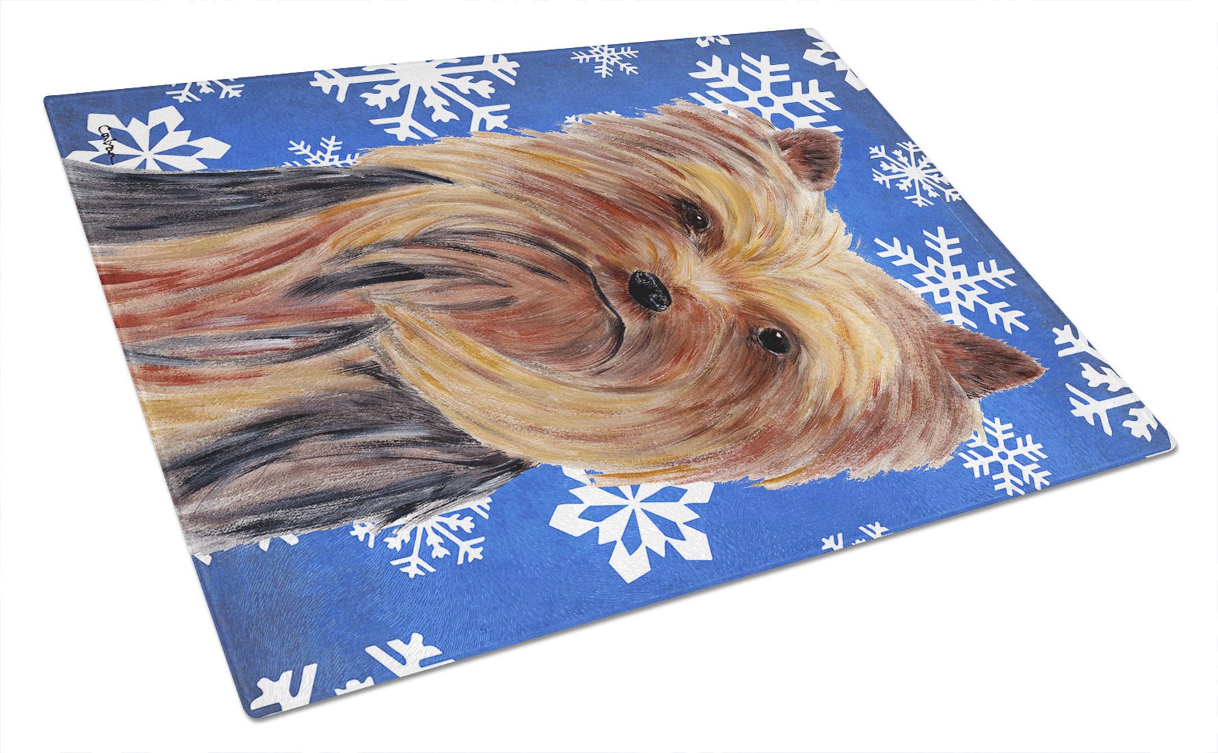 Yorkie Winter Snowflakes Holiday Glass Cutting Board Large by Caroline's Treasures