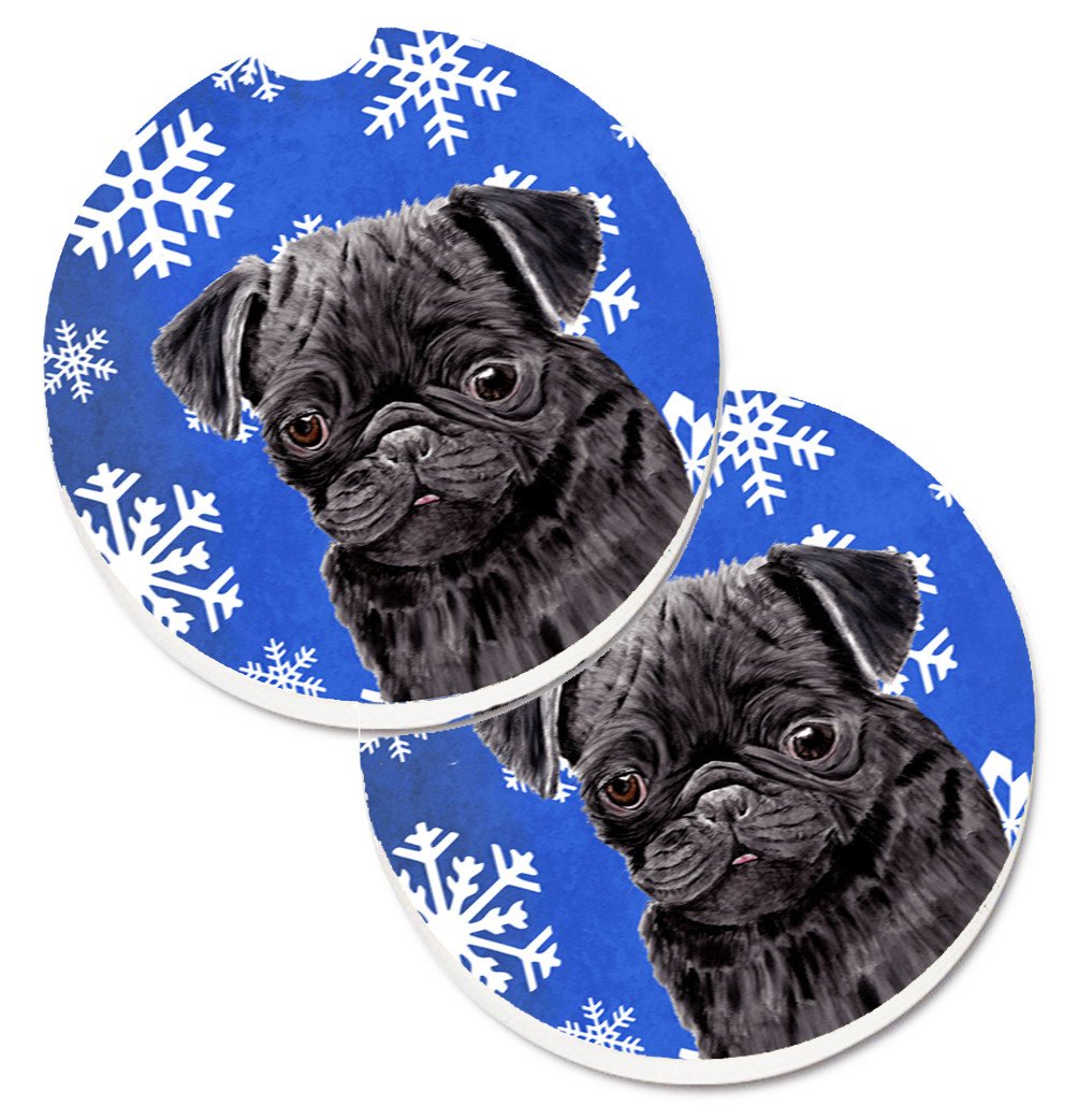 Pug Winter Snowflakes Holiday Set of 2 Cup Holder Car Coasters SC9366CARC by Caroline&#39;s Treasures