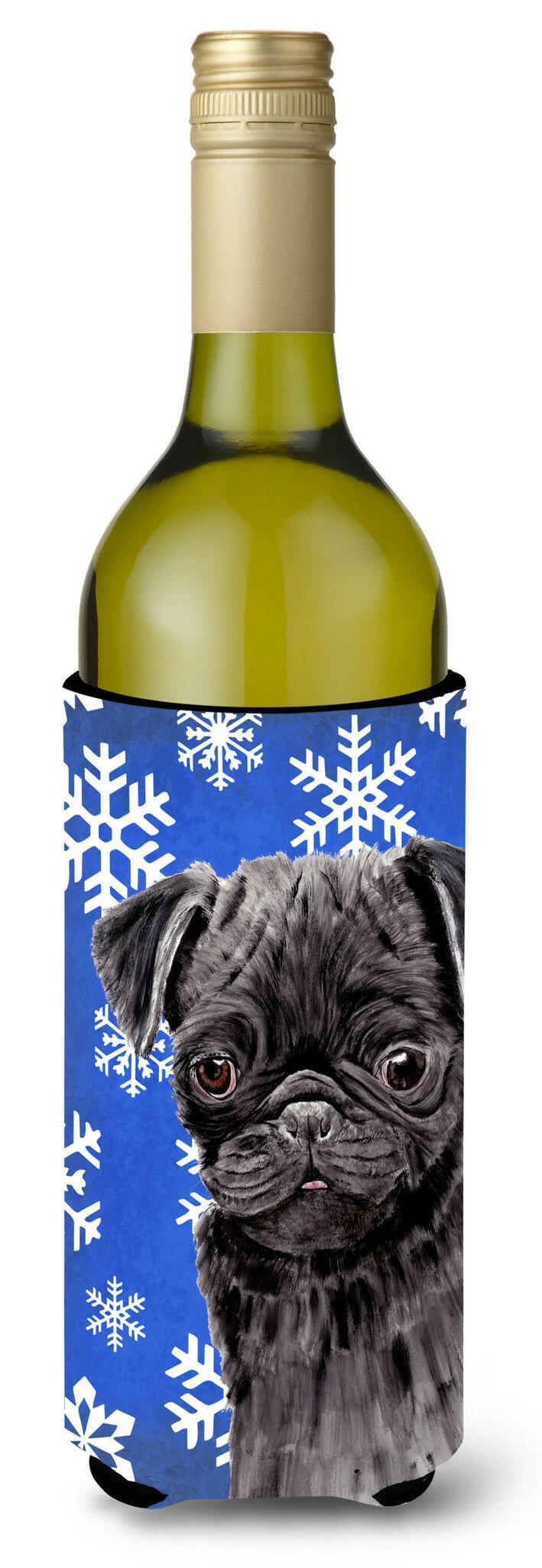 Pug Winter Snowflakes Holiday Wine Bottle Beverage Insulator Beverage Insulator Hugger SC9366LITERK by Caroline&#39;s Treasures