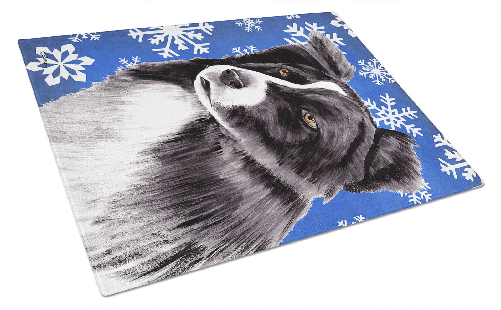 Border Collie Winter Snowflakes Holiday Glass Cutting Board Large by Caroline's Treasures