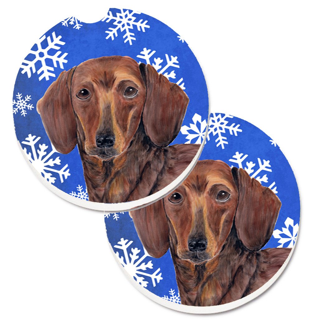 Dachshund Winter Snowflakes Holiday Set of 2 Cup Holder Car Coasters SC9368CARC by Caroline&#39;s Treasures