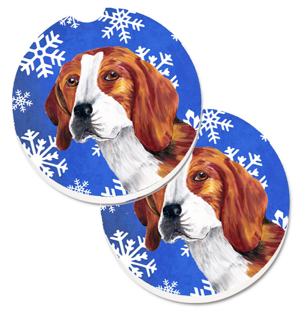 Beagle Winter Snowflakes Holiday Set of 2 Cup Holder Car Coasters SC9369CARC by Caroline&#39;s Treasures