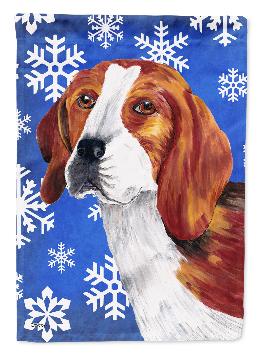Beagle Winter Snowflakes Holiday Flag Canvas House Size  the-store.com.