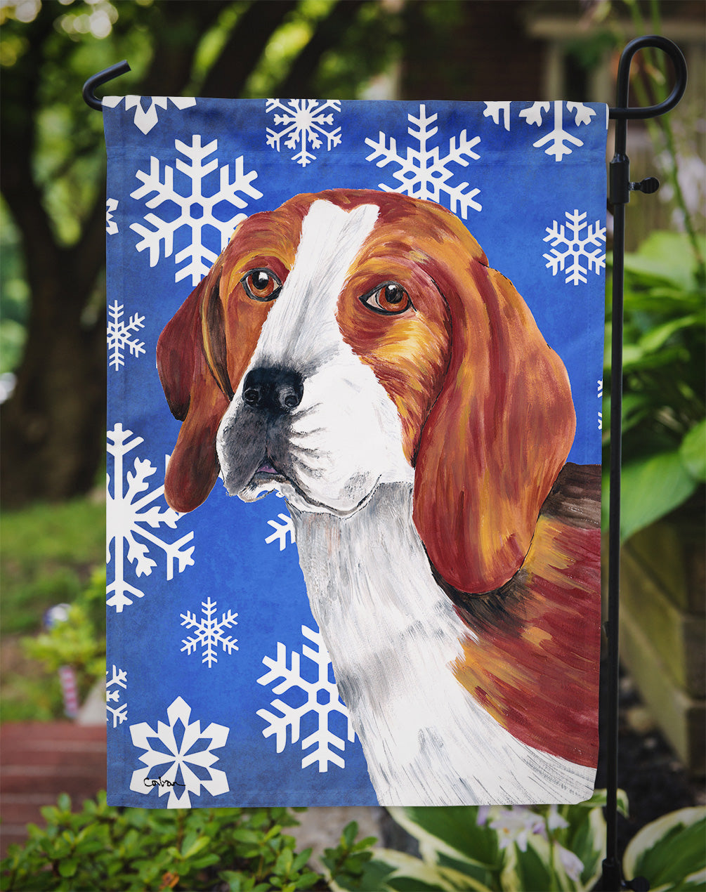 Beagle Winter Snowflakes Holiday Flag Garden Size.
